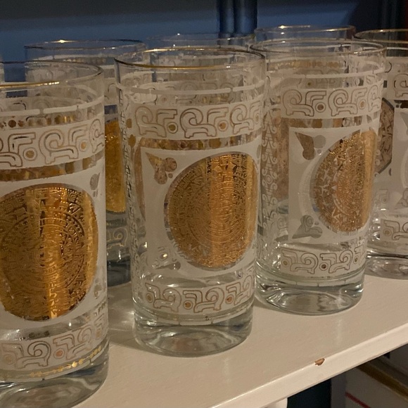 mid century modern Hazel Atlas Frosted and Gilded Aztec Tumbler Cocktail Glasses - Picture 2 of 6